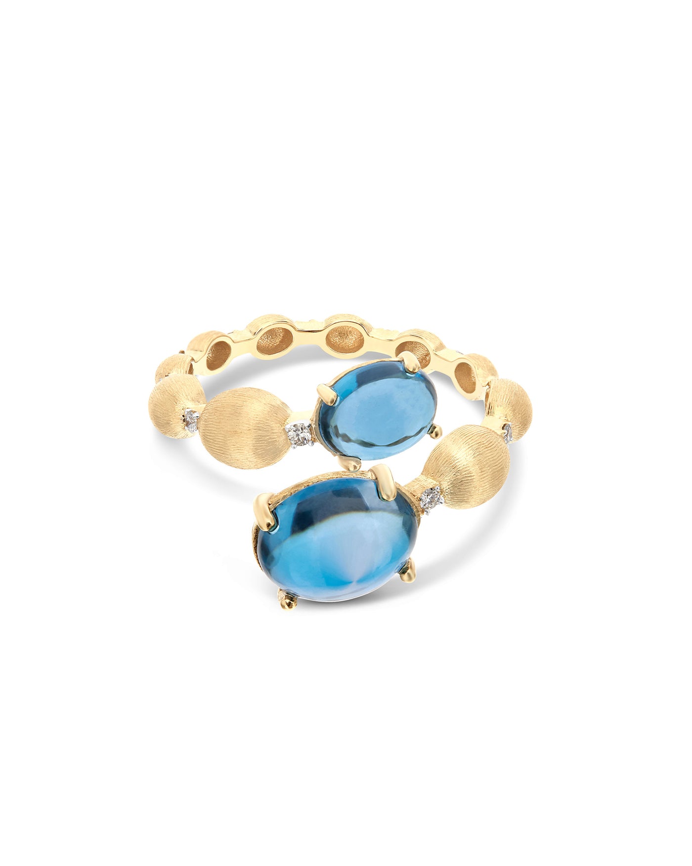 Anello contrariè "DANCING AZURE" con boules in oro, diamanti e topazio London blu (grande)