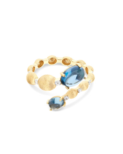 Anello contrariè "DANCING AZURE" con boules in oro, diamanti e topazio London blu (piccolo)