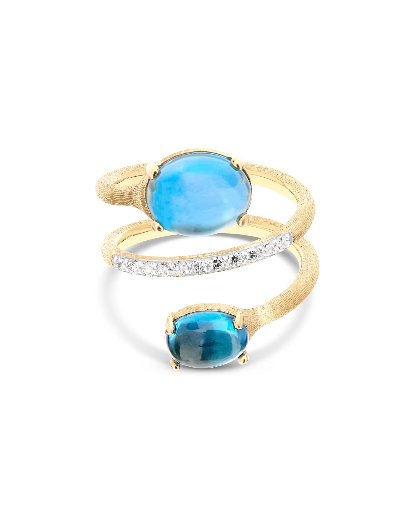 Anello contrariè "DANCING AZURE" in oro, diamanti e topazio London blu