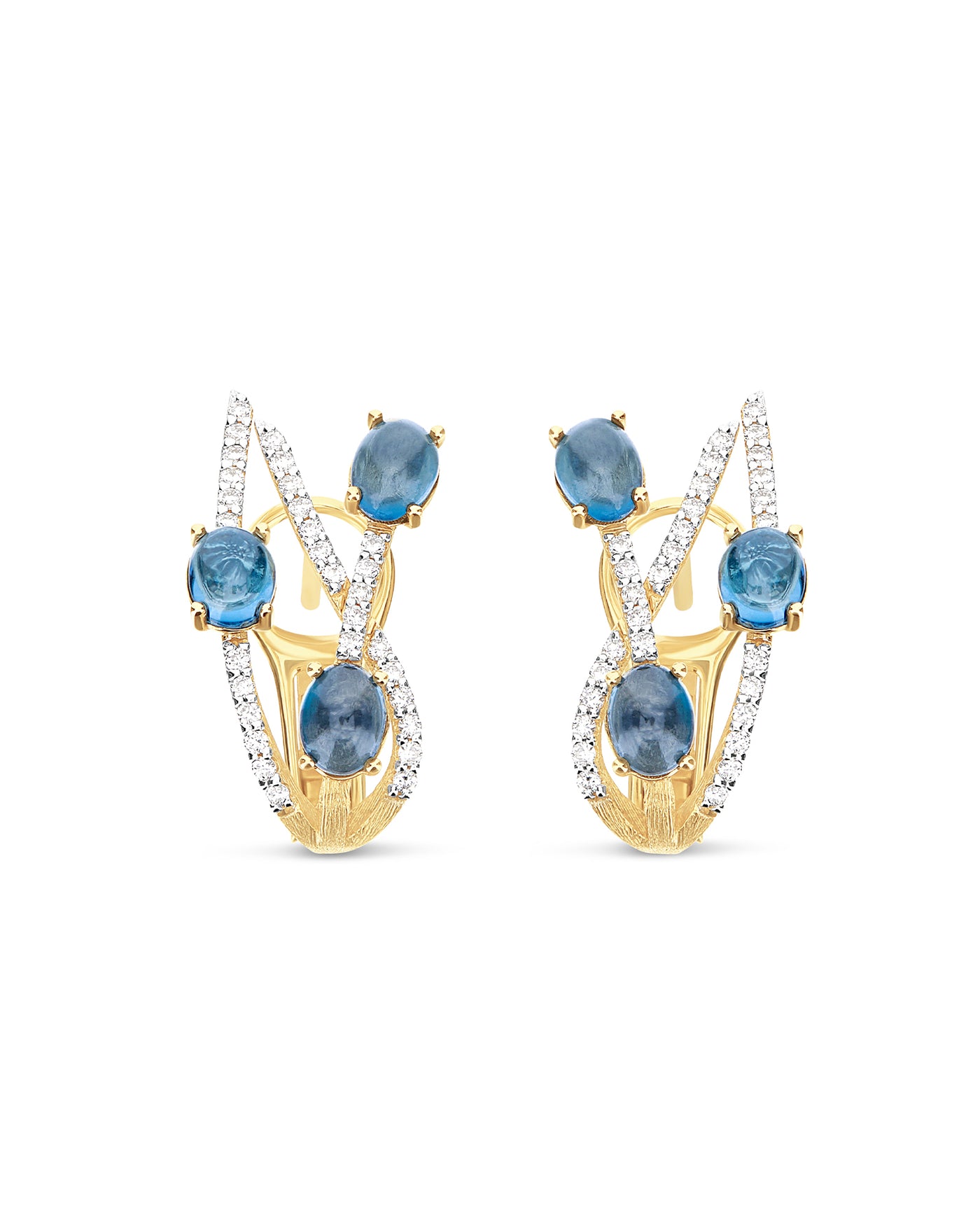 Orecchini a lobo "DANCING AZURE" in oro, diamanti e topazio London blu