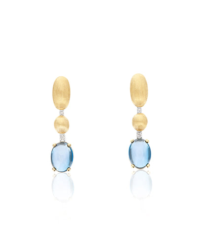Orecchini "DANCING AZURE" pendenti in oro, diamanti e topazio London blu (corti)