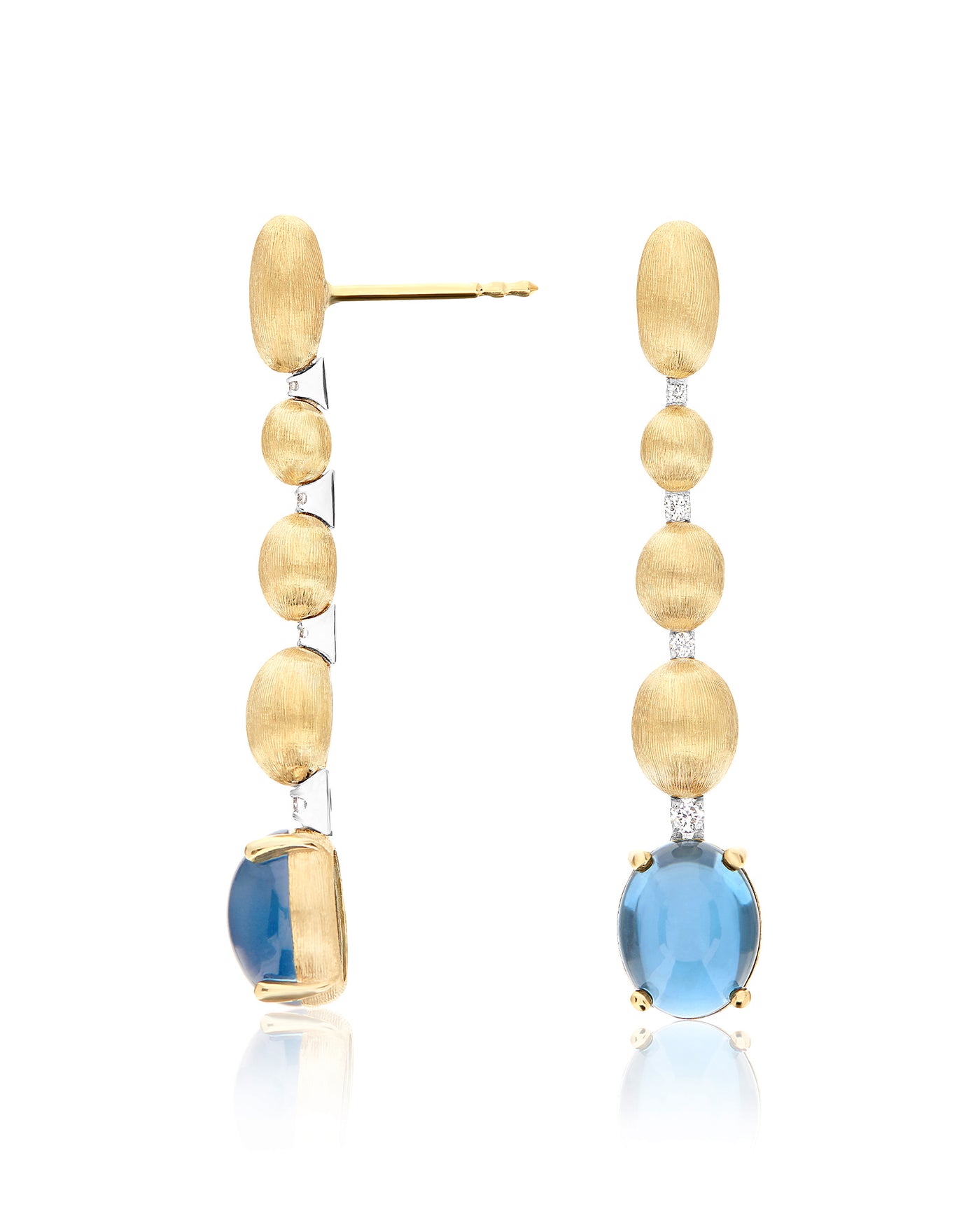 Orecchini "DANCING AZURE" pendenti in oro, diamanti e topazio London blu (lunghi)
