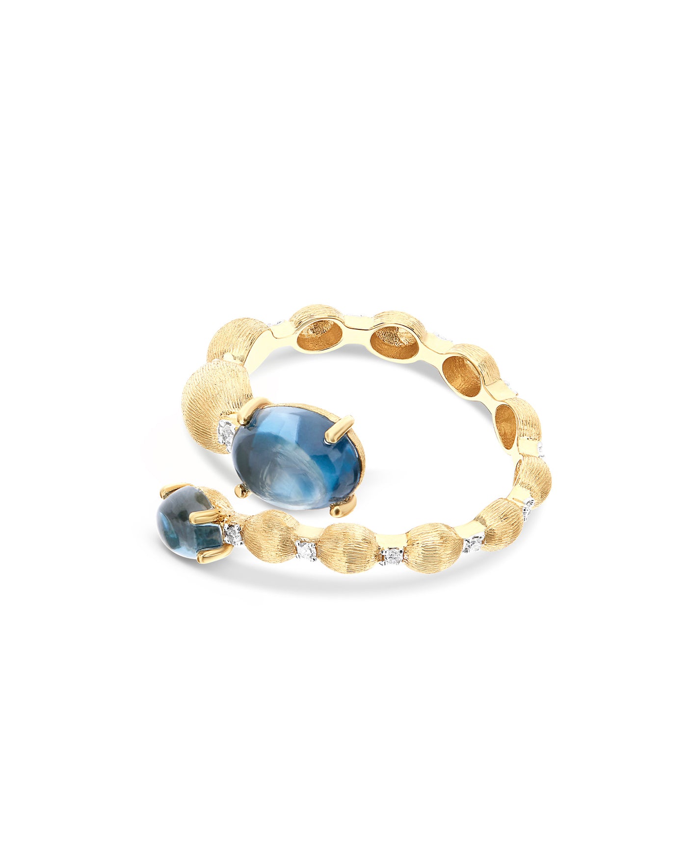 Anello contrariè "DANCING AZURE" con boules in oro, diamanti e topazio London blu (piccolo)