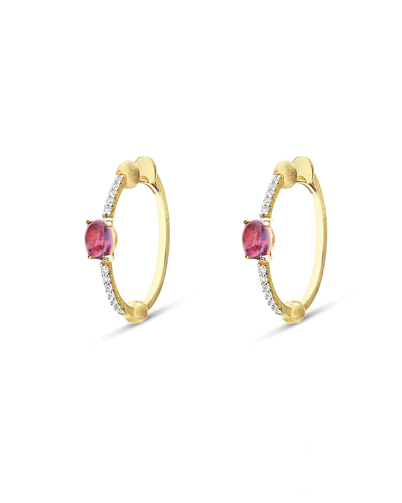 Orecchini a cerchio "DANCING TOURMALINES" in oro, diamanti e tormalina rosa