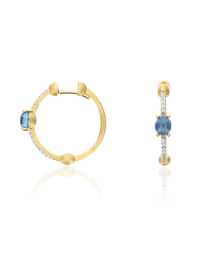 Orecchini a cerchio "DANCING AZURE" in oro, diamanti e topazio London blu