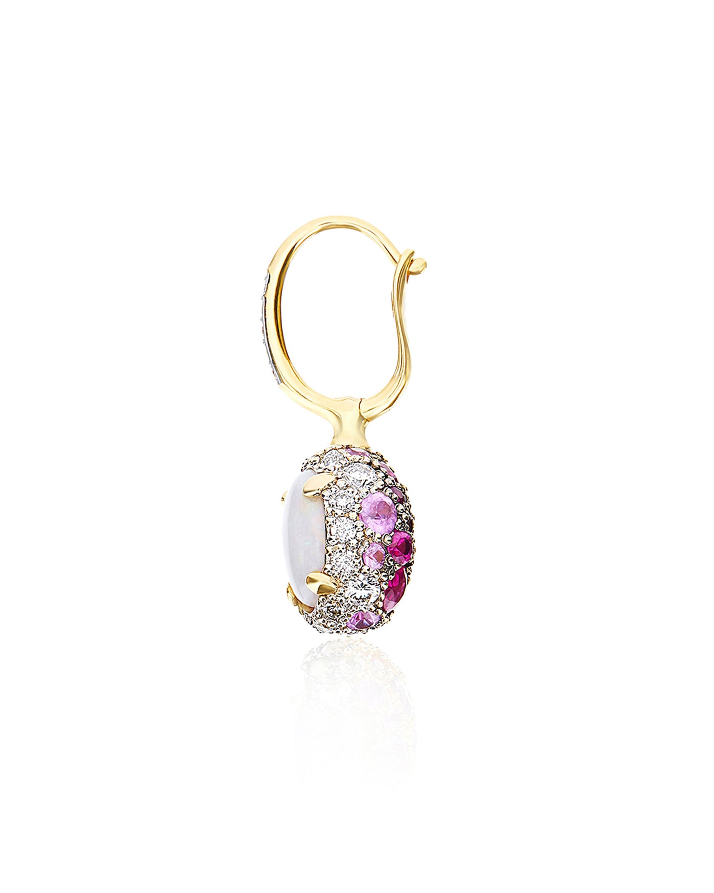 "reverse" ciliegina gold, pink sapphires, rubies, white australian opal and diamonds double-face ball drop earring (small)