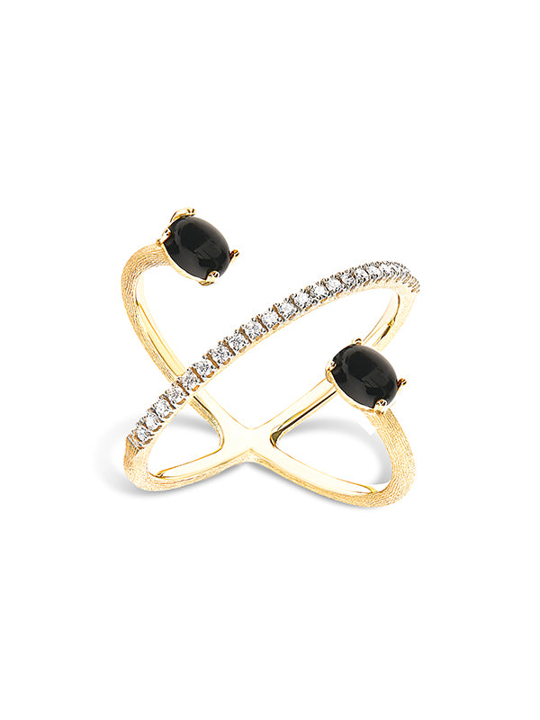 Anello ad incrocio "DANCING MYSTERY BLACK" in oro, diamanti e onice nero