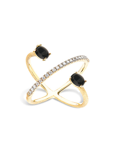 Anello ad incrocio "DANCING MYSTERY BLACK" in oro, diamanti e onice nero