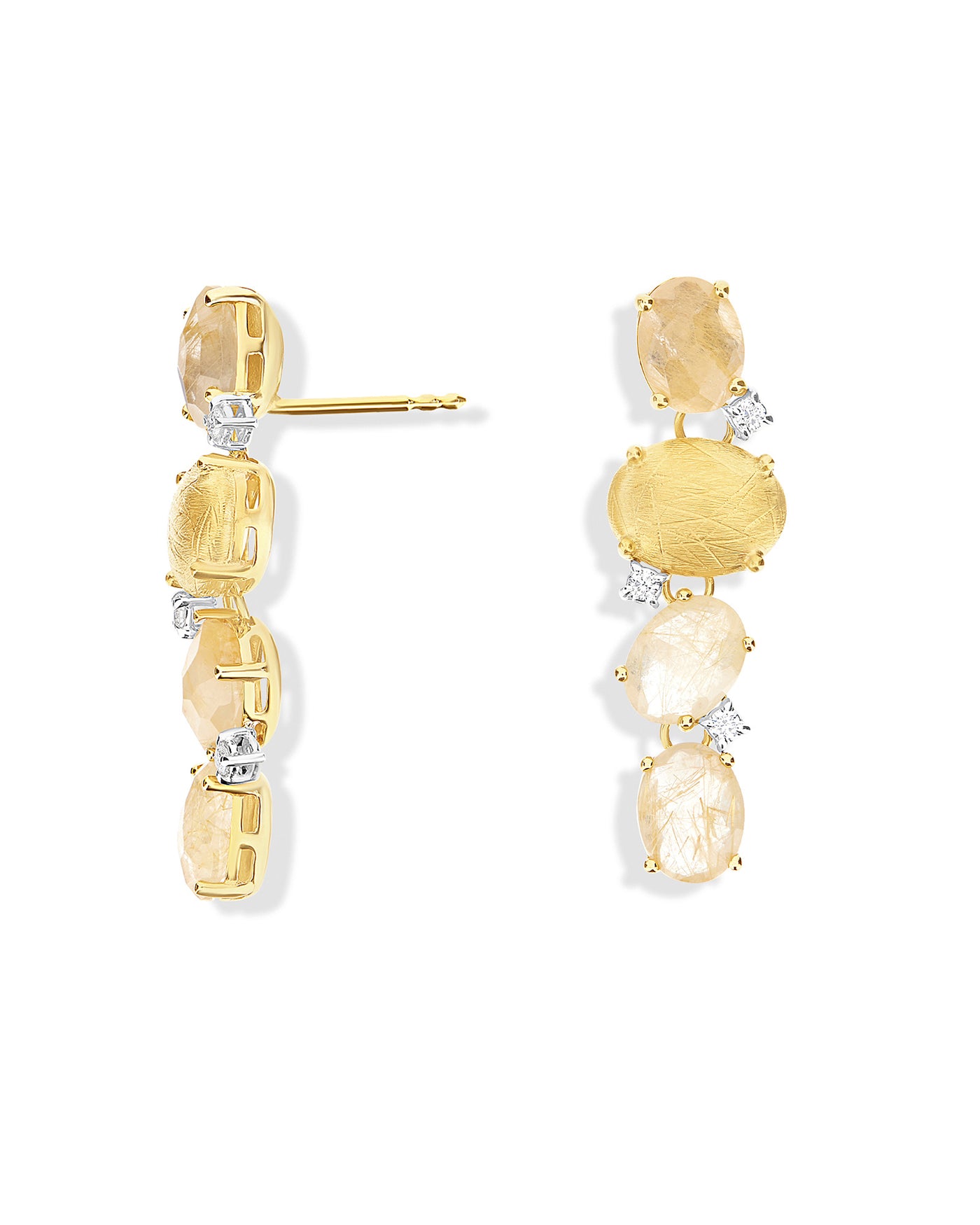 Orecchini "IPANEMA" pendenti in oro, quarzo rutilato giallo e dettagli diamanti