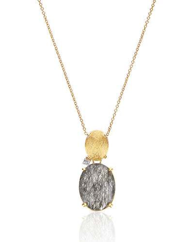 Collana "IPANEMA" con boule pendente in oro, quarzo rutilato grigio e dettaglio di diamanti