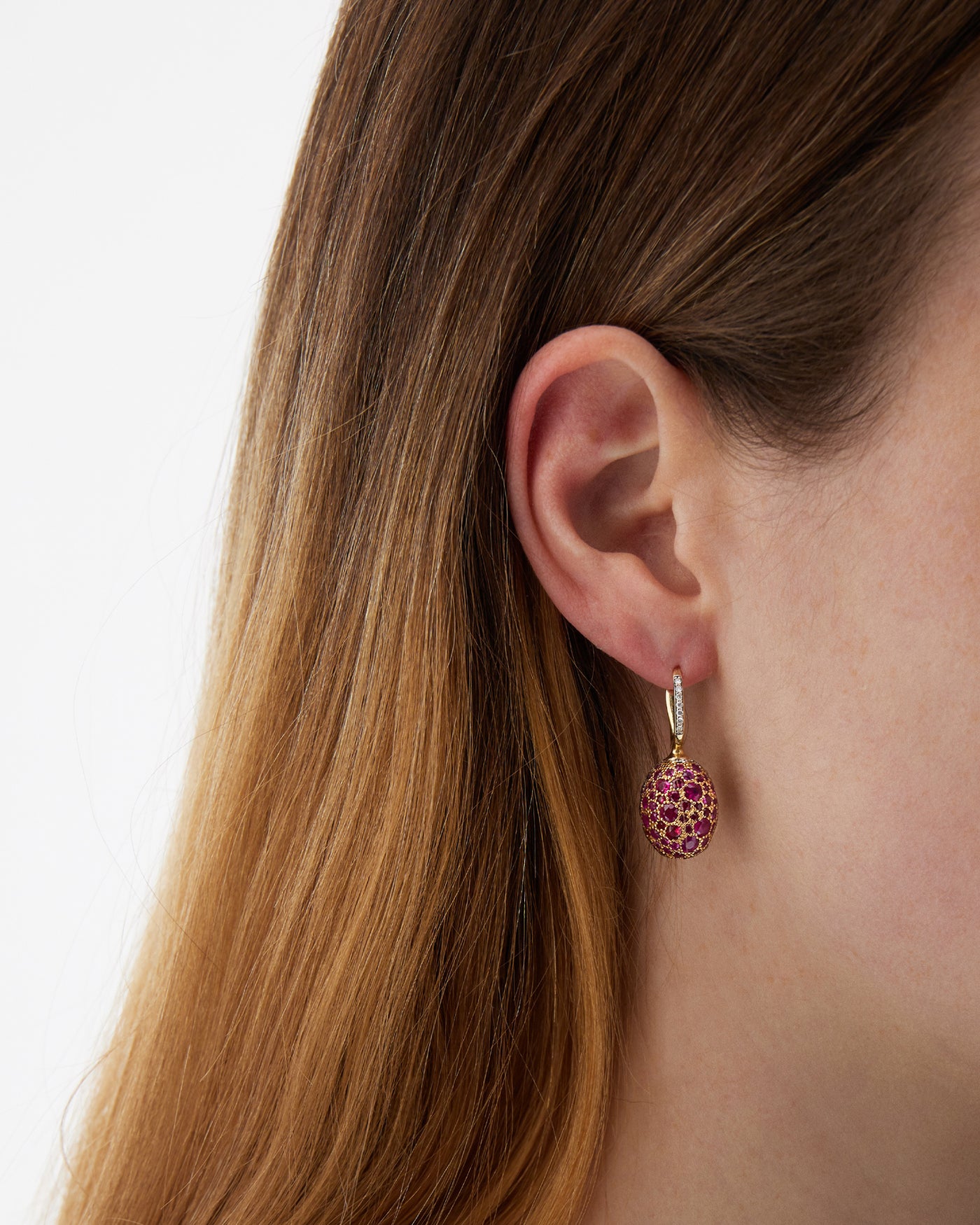 "reverse" ciliegine gold, pink sapphires, rubies, white australian opal and diamonds double-face ball drop earrings (medium)