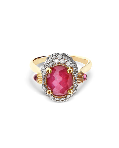 Anello "DANCING REVERSE" double face in oro, rubini, diamanti e cristallo di rocca (medio)