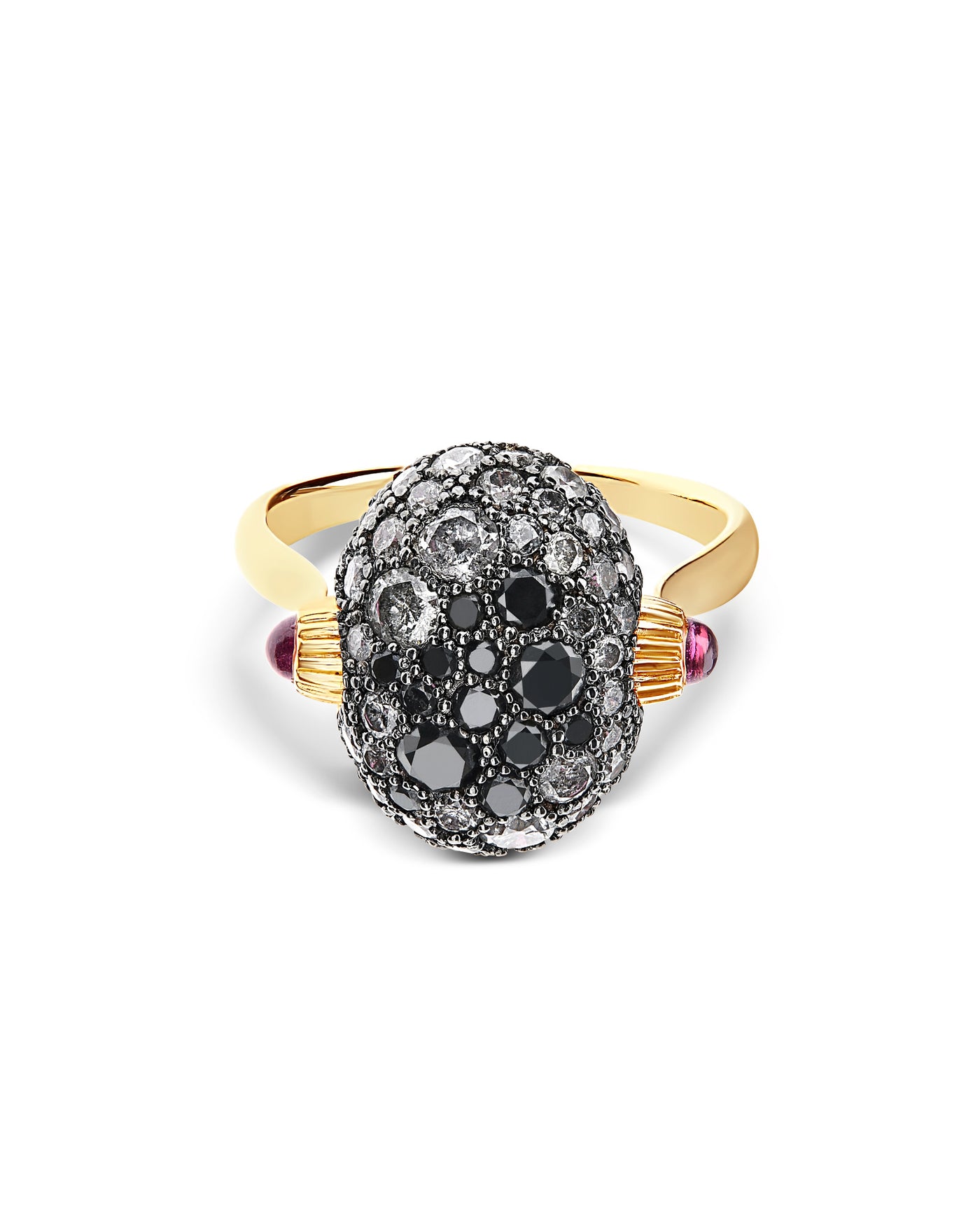 Anello "DANCING REVERSE" double face in oro, rubini, diamanti e cristallo di rocca (medio)
