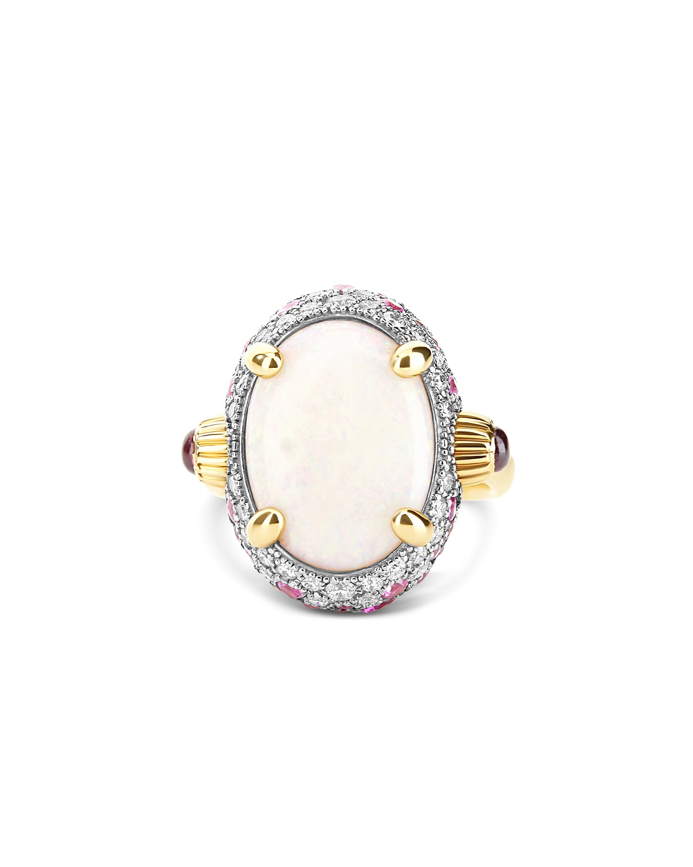 Anello "DANCING REVERSE" double face in oro, zaffiri rosa, rubini, opale bianco Australiano e diamanti (grande)