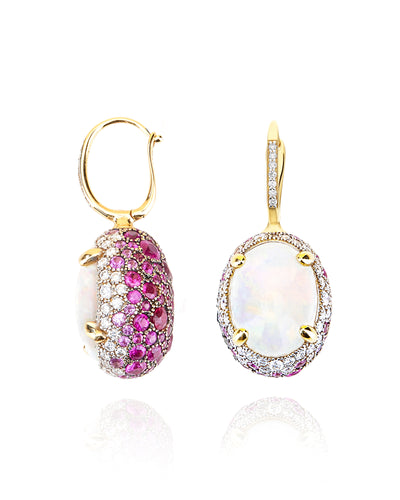 "reverse" ciliegine gold, pink sapphires, rubies, white australian opal and diamonds double-face ball drop earrings (large)