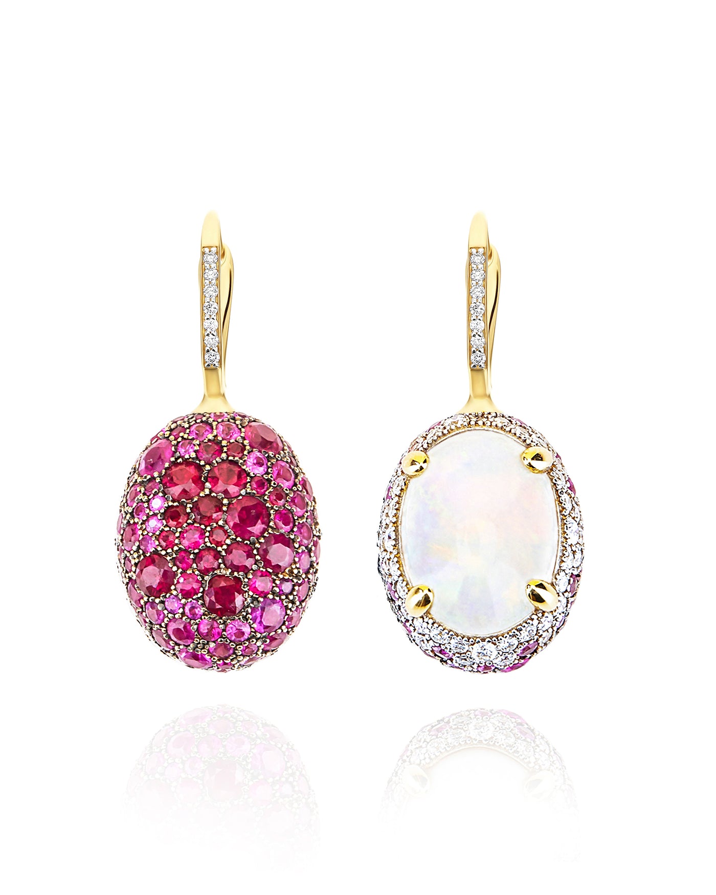Orecchini CILIEGINE "DANCING REVERSE" double face in oro, zaffiri rosa, rubini, opale bianco Australiano e diamanti (grandi)