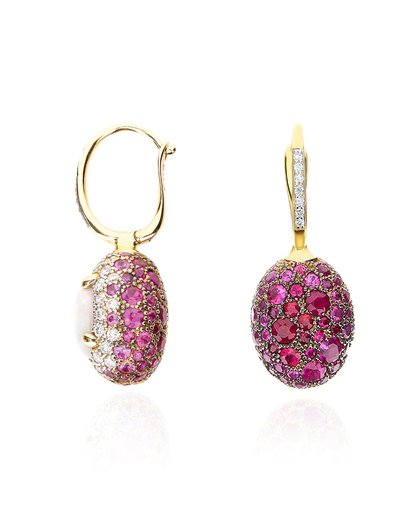 "reverse" ciliegine gold, pink sapphires, rubies, white australian opal and diamonds double-face ball drop earrings (medium)