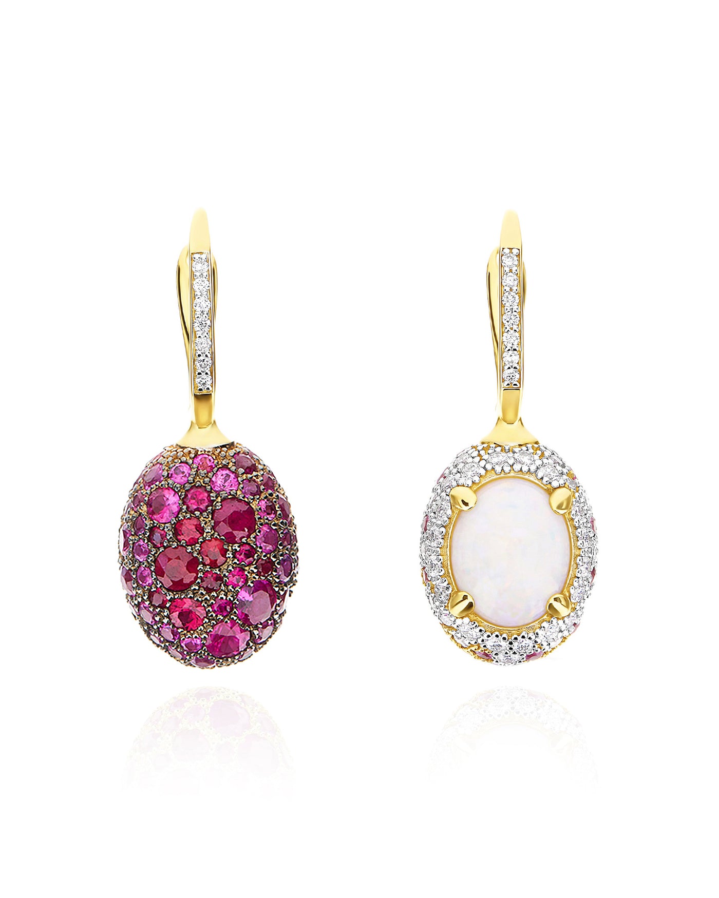Orecchini CILIEGINE "DANCING REVERSE" double face in oro, zaffiri rosa, rubini, opale bianco Australiano e diamanti (medi)