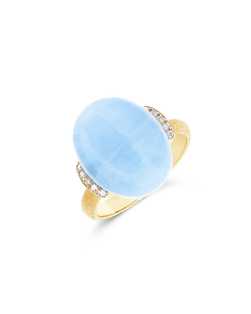 Anello AZURE "AMULETI" in oro, diamanti e acquamarina milk (grande)