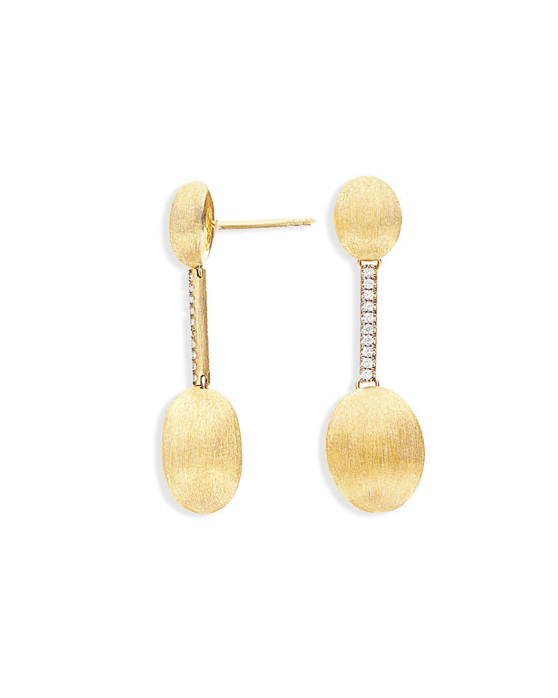 Orecchini "DANCING ELITE" con boules pendenti in oro legate da barrette di diamanti