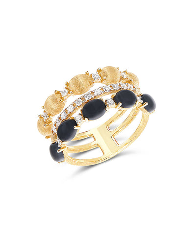 Anello "DANCING MYSTERY BLACK" a tripla fascia con taglio brillante, pavé di diamanti, boules in oro e onice nero