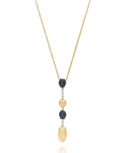 Collana "DANCING MYSTERY BLACK" pendente in oro, diamanti e onice nero (lunga)