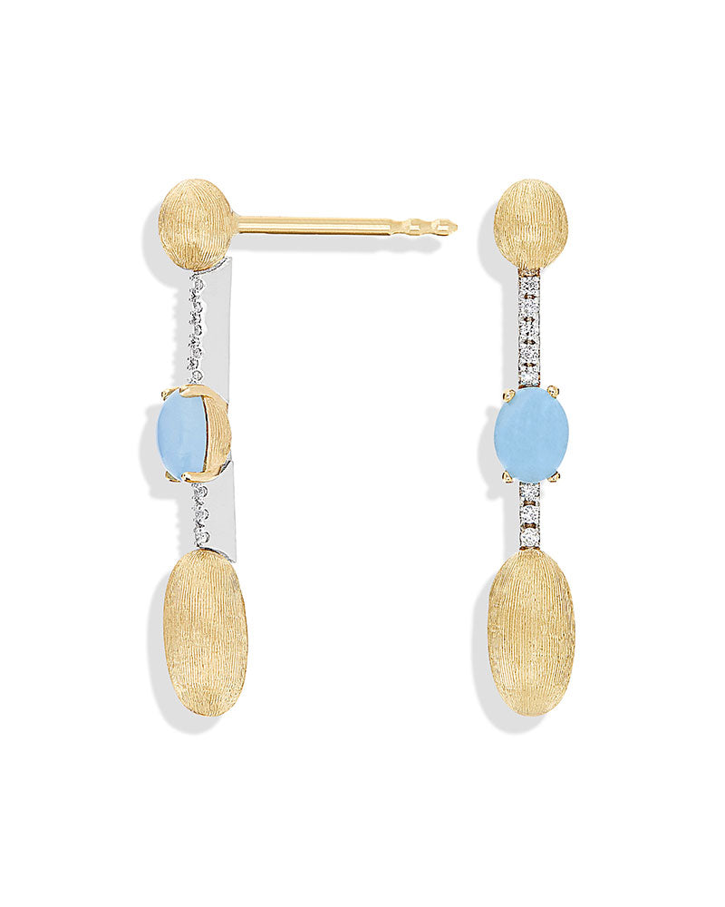 Orecchini "DANCING AZURE" pendenti con boules in oro, barrette di diamanti e acquamarina (lunghi)