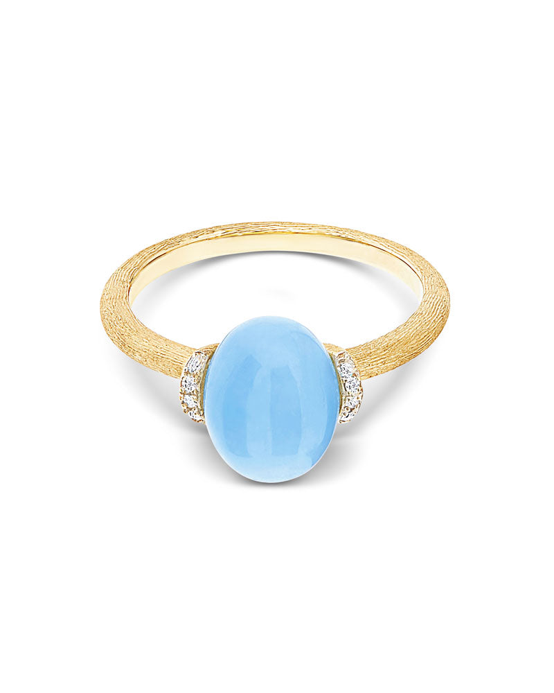 Anello AZURE "AMULETI" in oro, diamanti e acquamarina milk (piccolo)