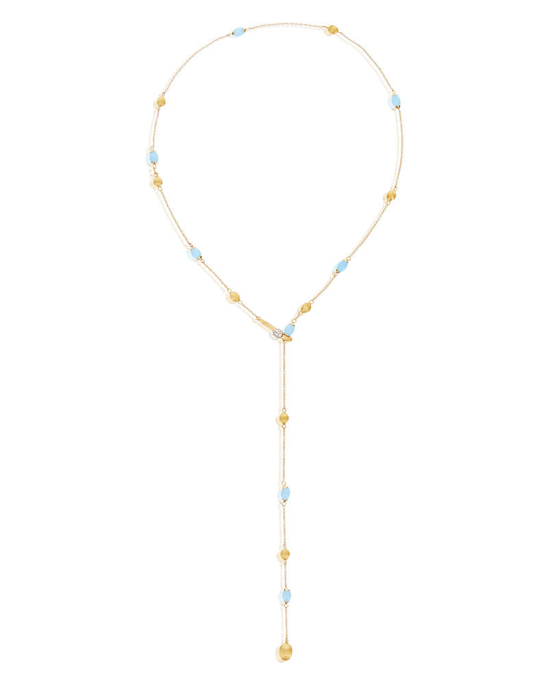 Collana lariat "SOFFIO" in oro, diamanti e acquamarina