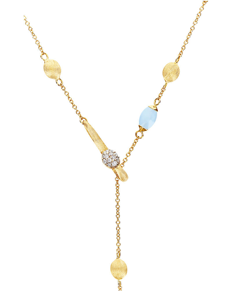 Collana lariat "SOFFIO" in oro, diamanti e acquamarina