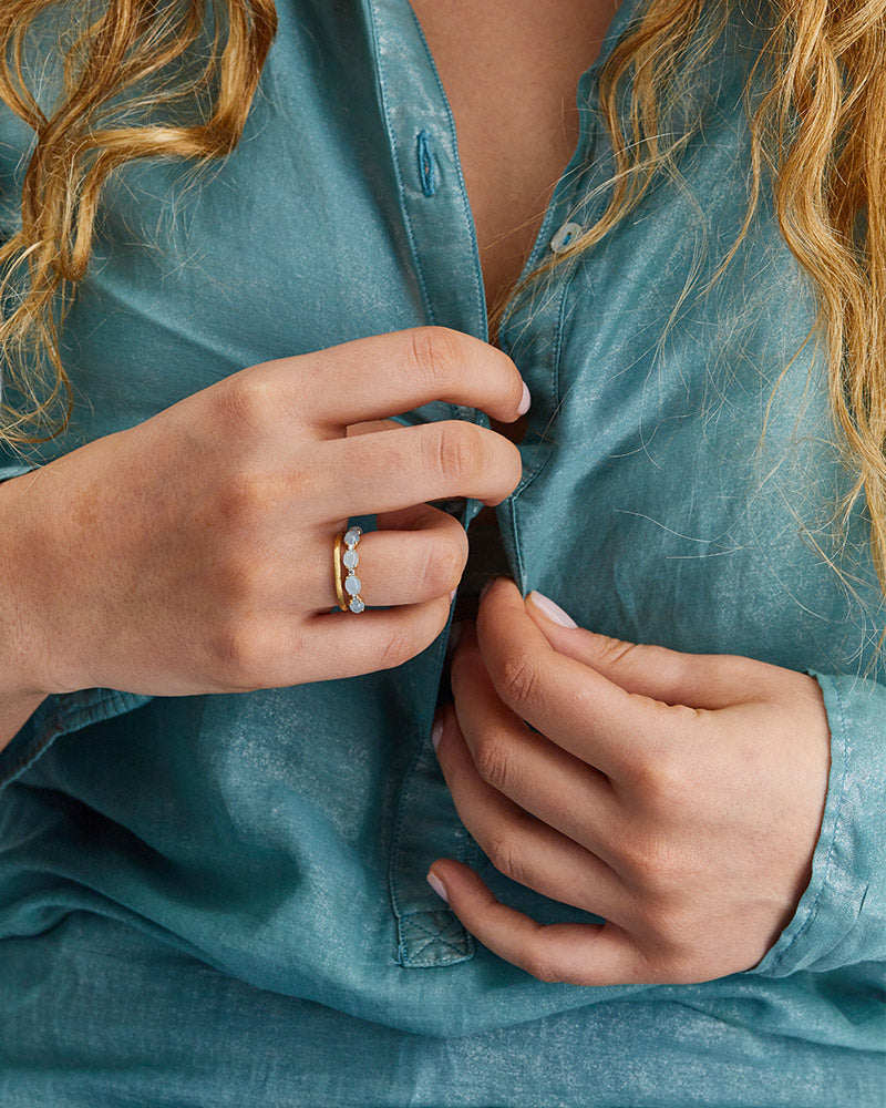 "azure" gold, diamonds and aquamarine double-band ring