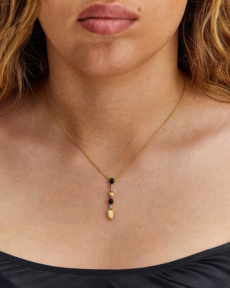 "mystery black" gold, diamonds and black onyx dainty long necklace