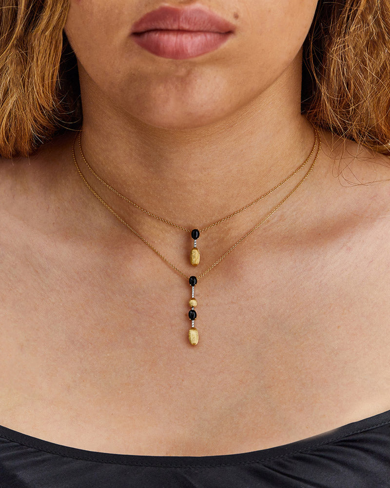 "mystery black" gold, diamonds and black onyx dainty long necklace 