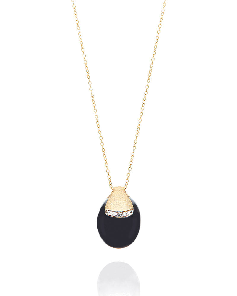 Collana "DANCING MYSTERY BLACK" pendente in oro con boule in onice nero coronata da accenti di diamante (grande)