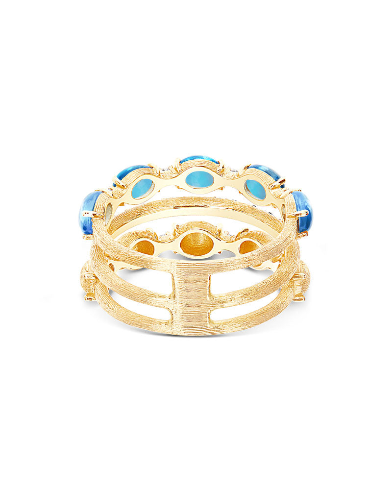 Anello "DANCING AZURE" a tripla fascia in oro, diamanti e topazio London blu