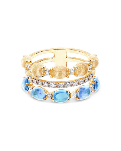 Anello "DANCING AZURE" a tripla fascia in oro, diamanti e topazio London blu