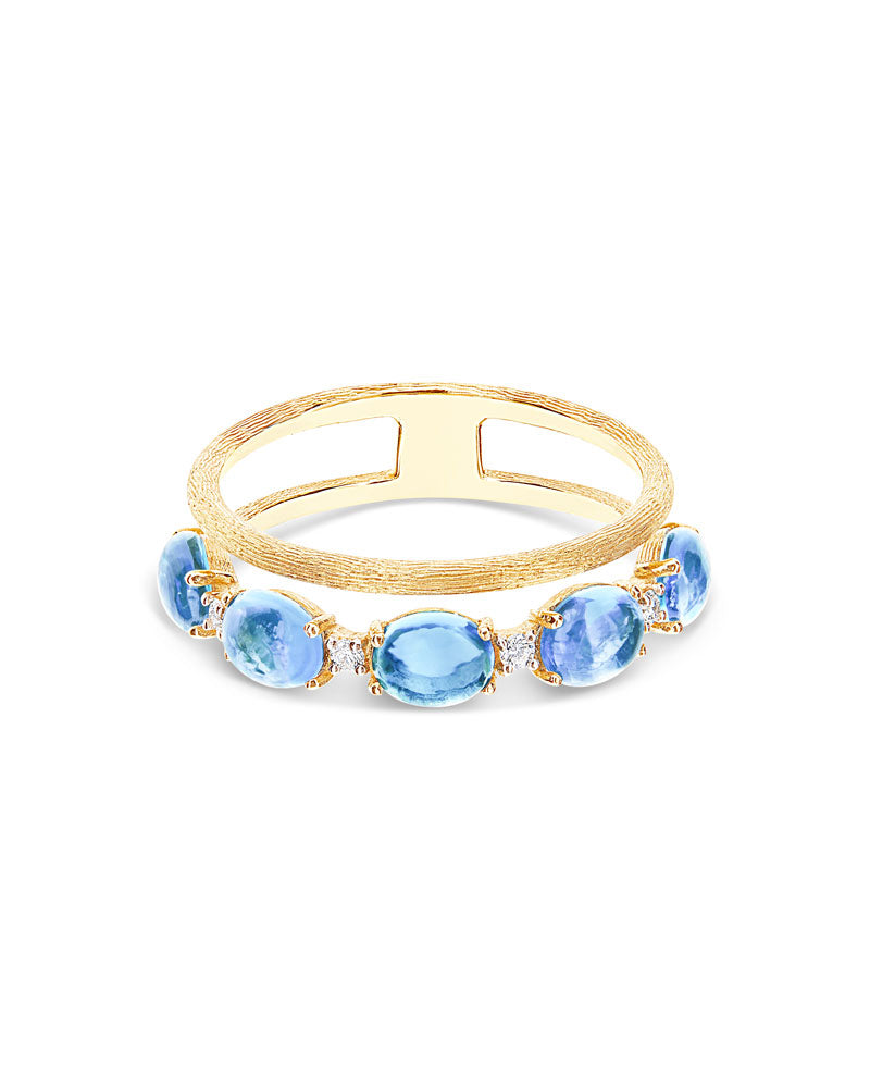 Anello "DANCING AZURE" a doppia fascia in oro, diamanti e topazio London blu