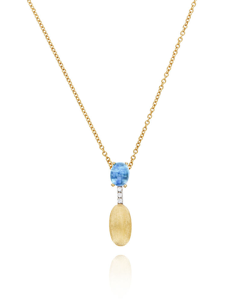 Collana "DANCING AZURE" pendente con ciondolo in oro, diamanti e topazio London blu (corta)
