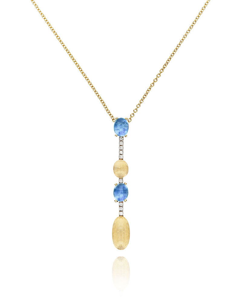 Collana "DANCING AZURE" pendente con ciondolo in oro, barrette di diamanti e topazio London blu (lunga)