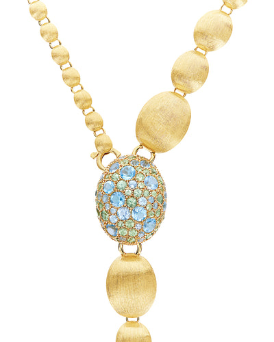 "reverse" gold, blue diamonds, swiss blue topaz, green sapphires and lond blue topaz convertible y necklace (large)