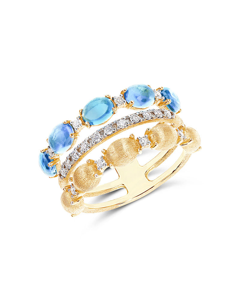 Anello "DANCING AZURE" a tripla fascia in oro, diamanti e topazio London blu