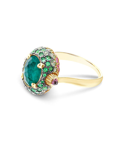 Anello "DANCING REVERSE" double face in oro, diamanti, tsavorite, ametista, labradorite verde e cristallo di rocca (medio)