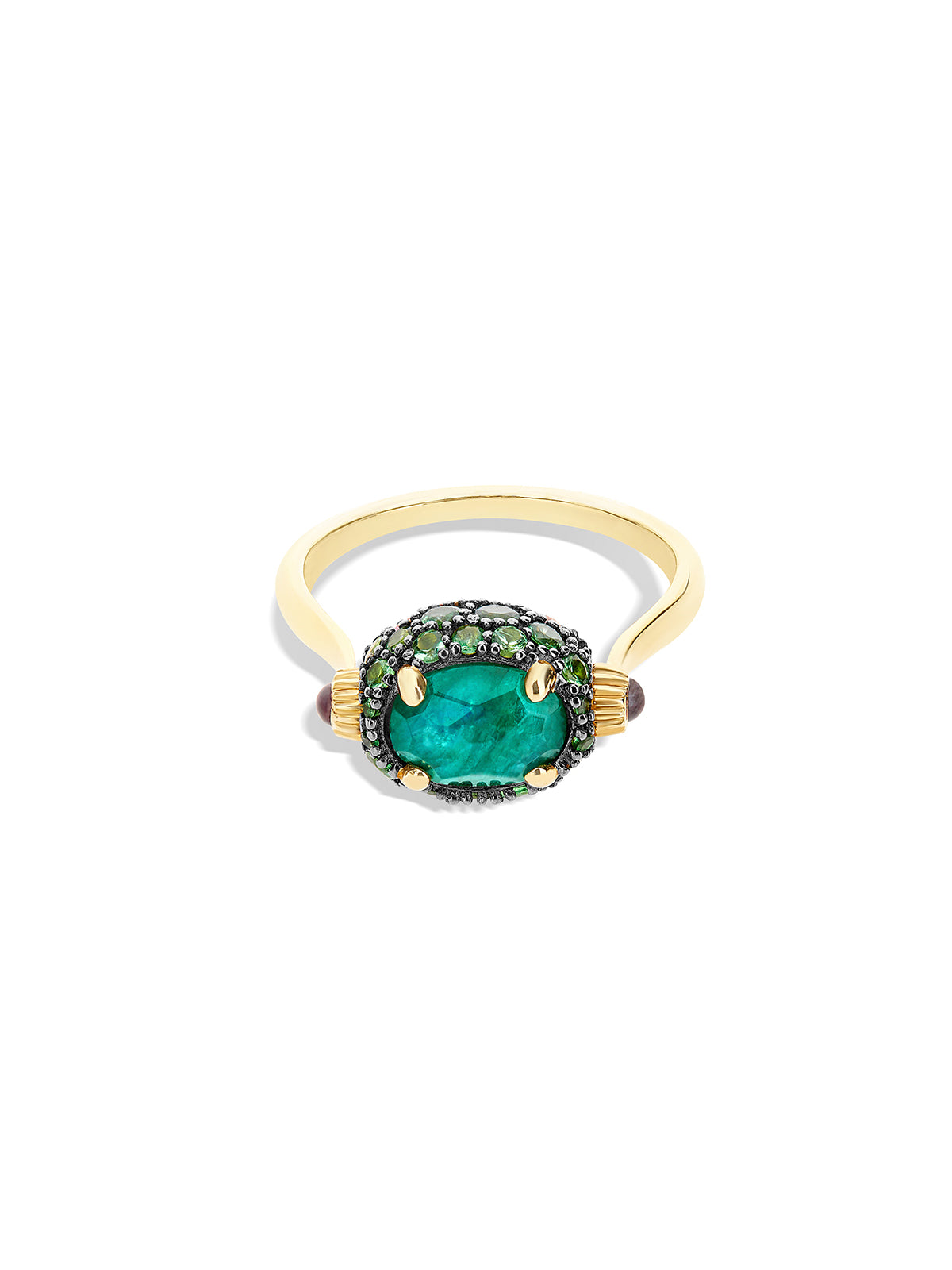 Anello "DANCING REVERSE" double face in oro, diamanti, tsavorite, ametista, labradorite verde e cristallo di rocca (piccolo)