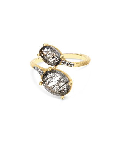 Anello contrariè "IPANEMA" in oro, quarzo rutilato grigio e dettagli di diamanti (piccolo)
