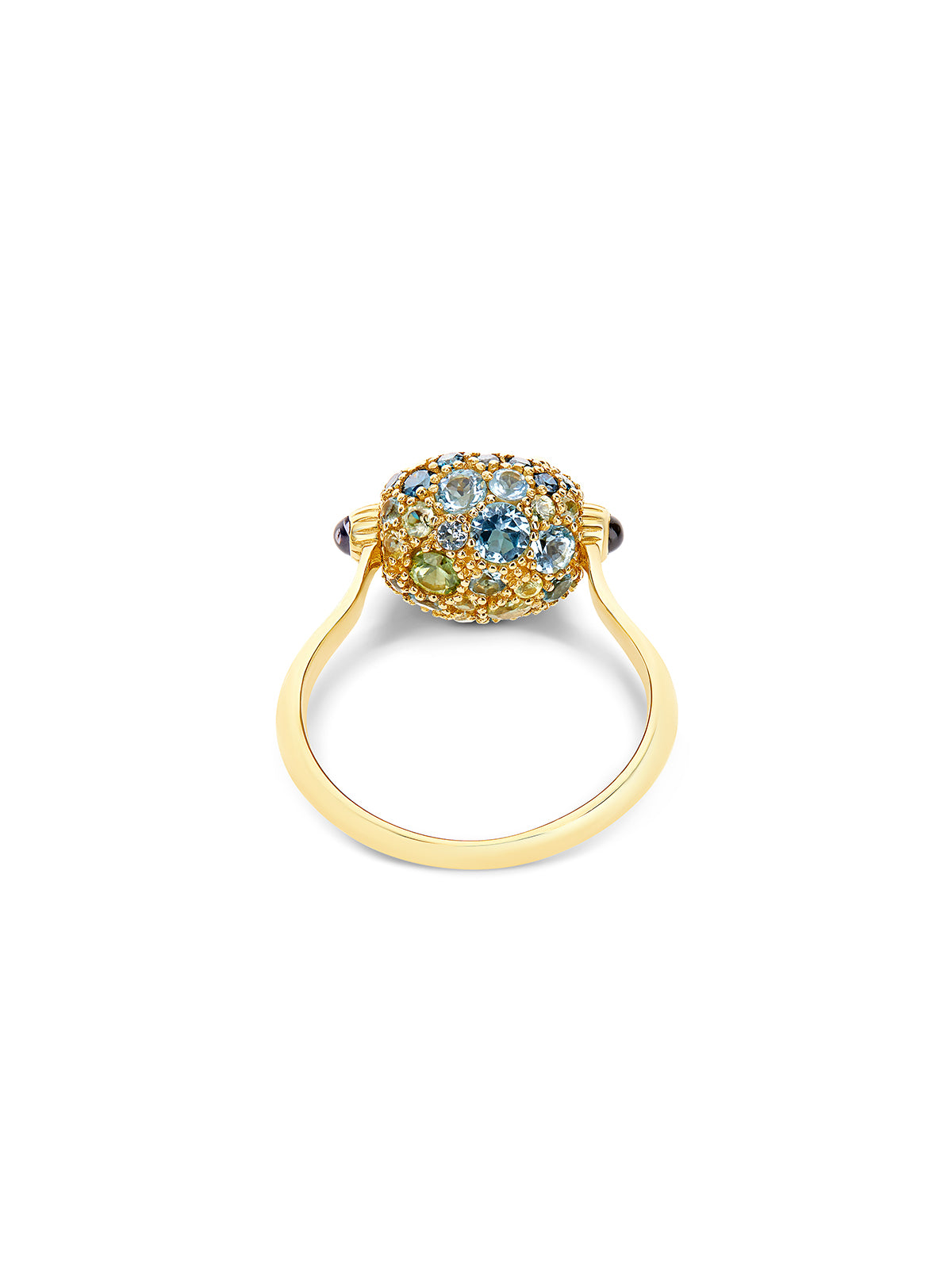 "reverse" gold, blue diamonds, swiss blue topaz, green sapphires and london blue topaz double-face ring (small) 