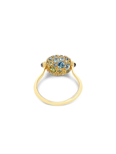 "reverse" gold, blue diamonds, swiss blue topaz, green sapphires and london blue topaz double-face ring (small)