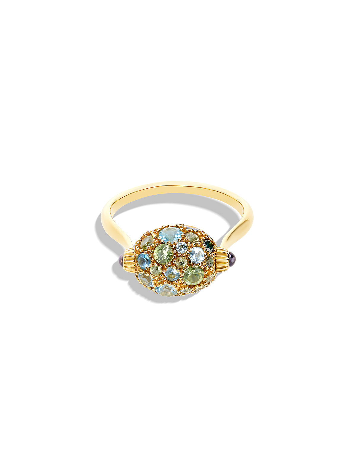 "reverse" gold, blue diamonds, swiss blue topaz, green sapphires and london blue topaz double-face ring (small)