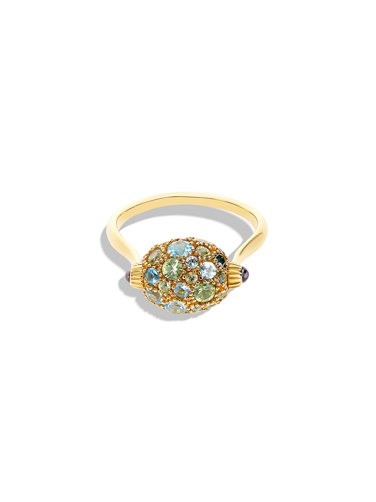 "reverse" gold, blue diamonds, swiss blue topaz, green sapphires and london blue topaz double-face ring (small) 