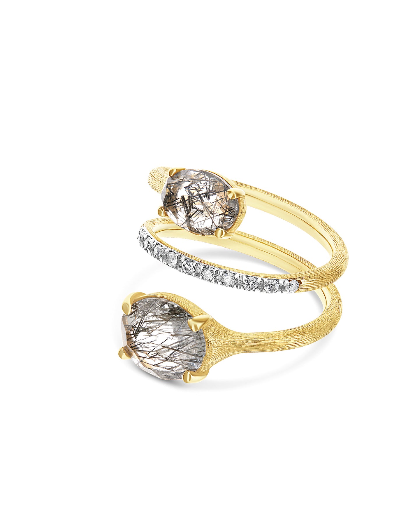 "ipanema" grey rutilated quartz, diamonds and 18kt gold spiral ring (medium) 