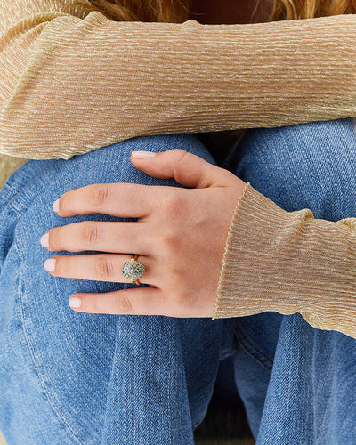 "reverse" gold, blue diamonds, swiss blue topaz, green sapphires and london blue topaz double-face ring (medium)